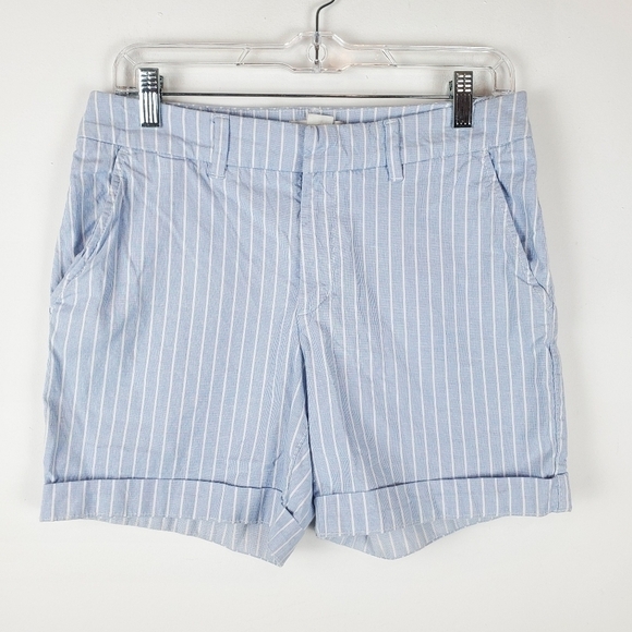 H&M Shorts Womens 6 Blue White Stripe  Cotton‎ Stretch Coastal Preppy Beach Cuff - Picture 1 of 11